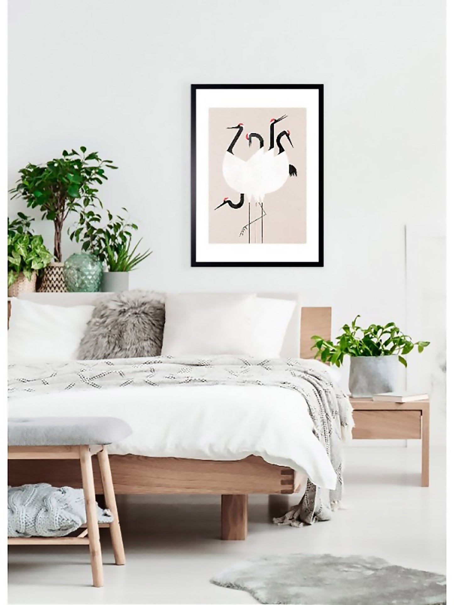 Japanische Kunst mit Vogel Motiv in beige, creme und schwarz als Wanddekoration