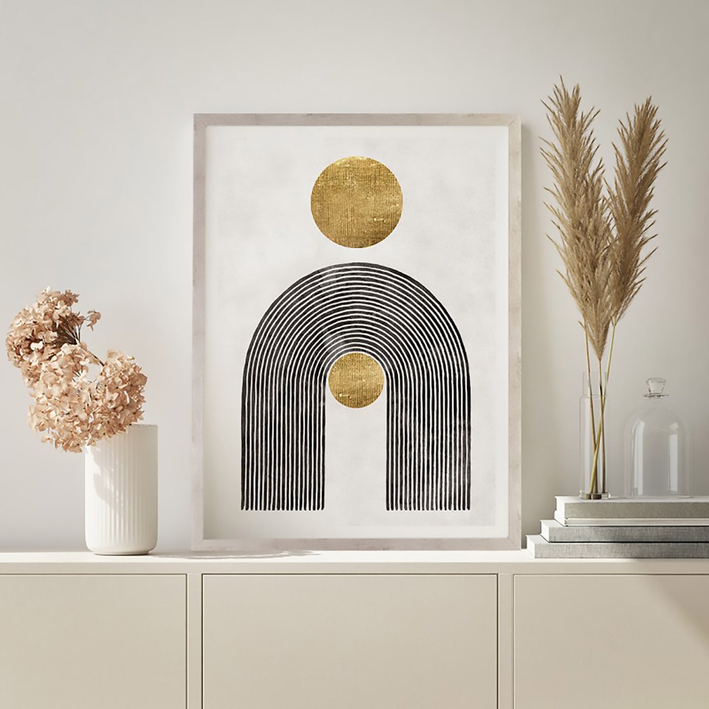 Wandbild zur Wanddeko mit geometrischen Formen in gold, weiß und schwarz