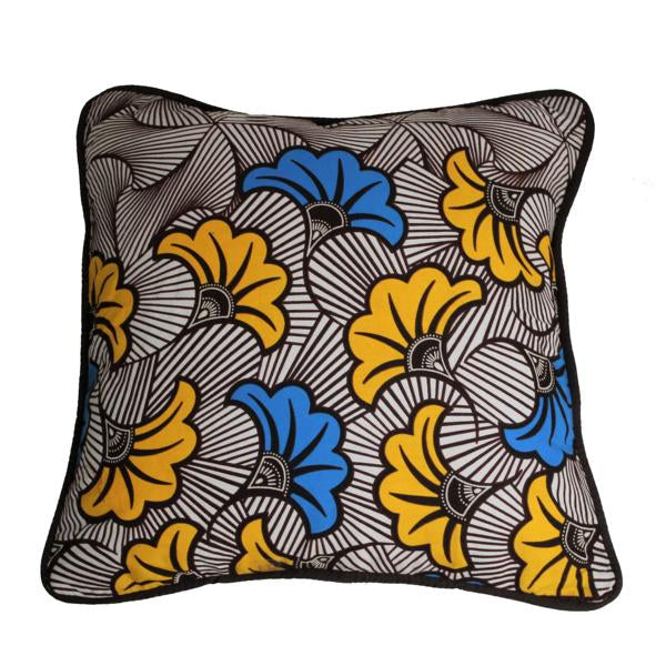 gelb braun blaues Kissen in Größe 40 x 40 cm mit afrikanischem Stoff
