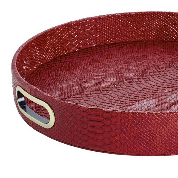 rundes Tablett in rotem Leder mit Messinggriffen