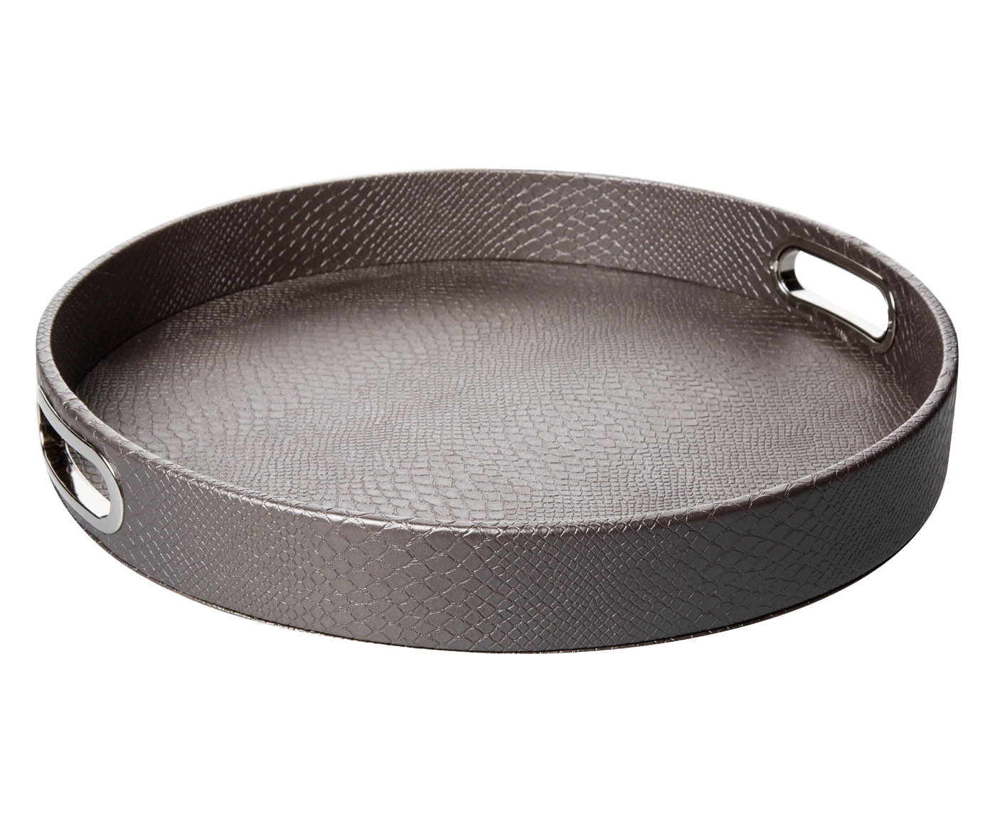 Taupe farbenes Tablett in rund mit Griffen aus Leder