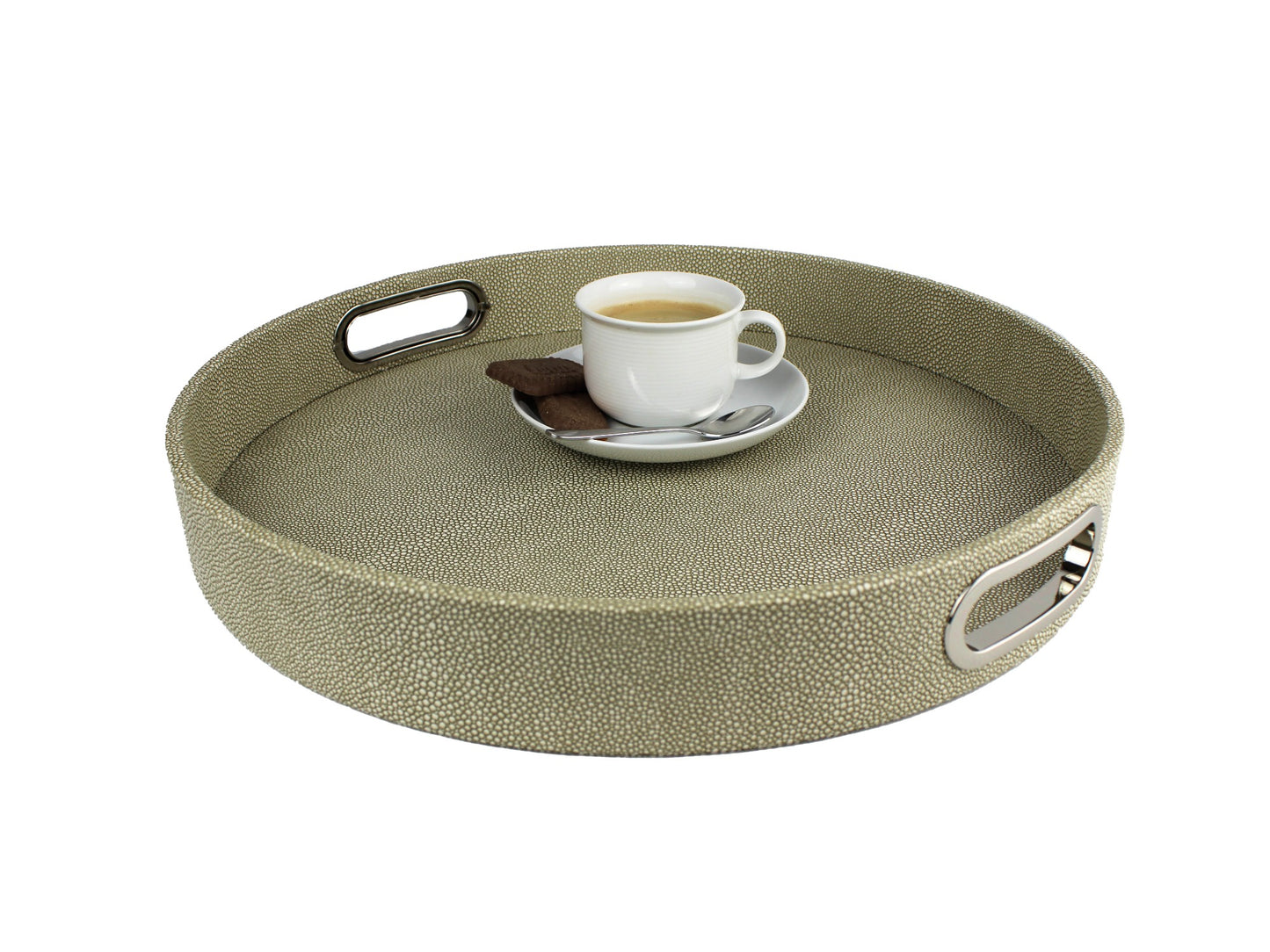 Serviertablett rund mit Rand und Tasse Kaffee grün in Rochen Muster