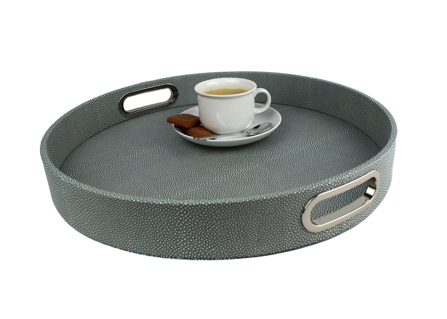 blaues, rundes Tablett mit Kaffee beschichtet