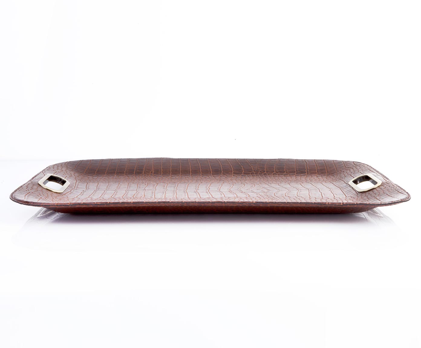 Serviertablett in Krokoleder mit Metallgriffen braun