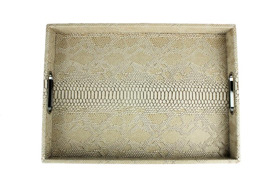 Tablett rechteckig beige braun mit Edelstahlgriffen