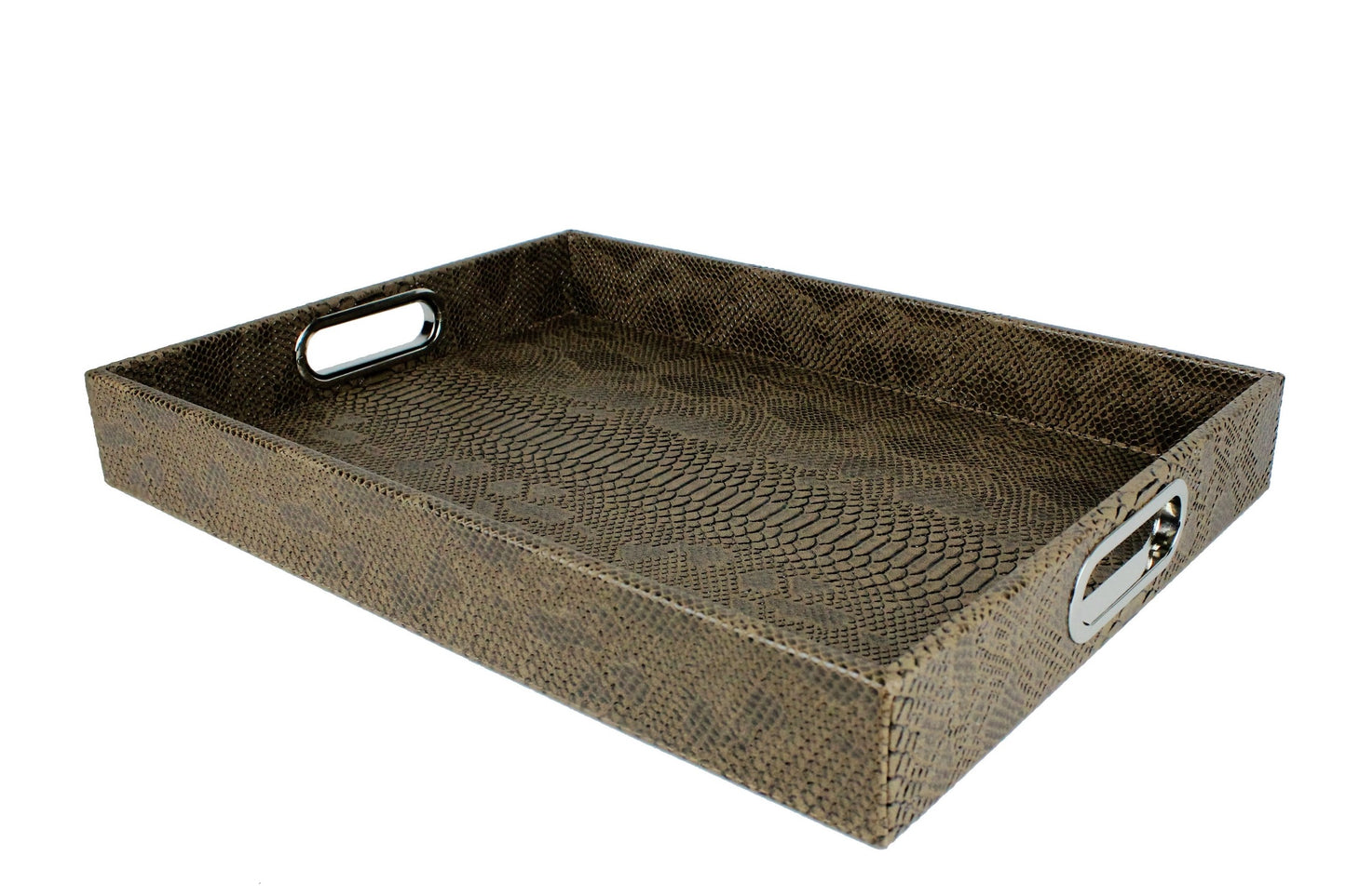 Tablett rechteckig braun mit Edelstahlgriffen