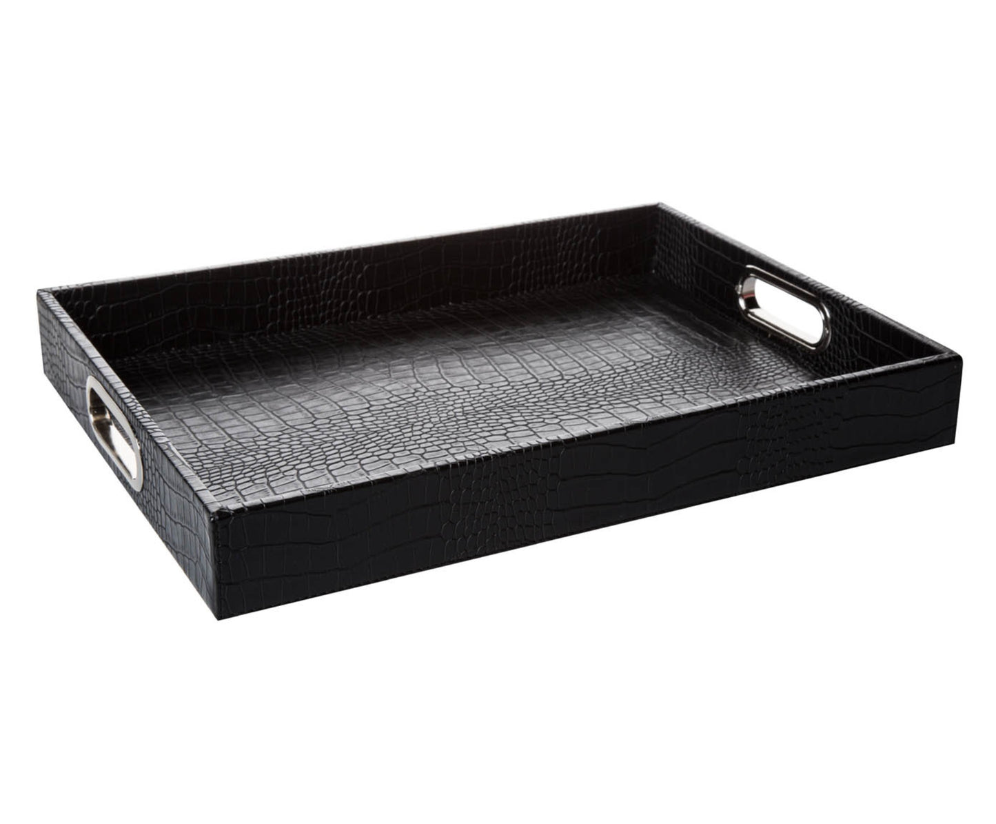 schwarzes Tablett in Leder schwarz mit Krokoprägung und Griffen