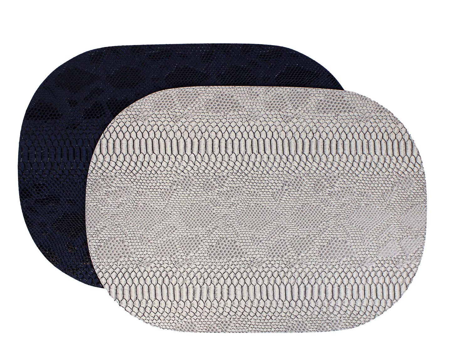 Tischsets oval in hellgrau und blau zweifarbig mit Schlangenleder Optik