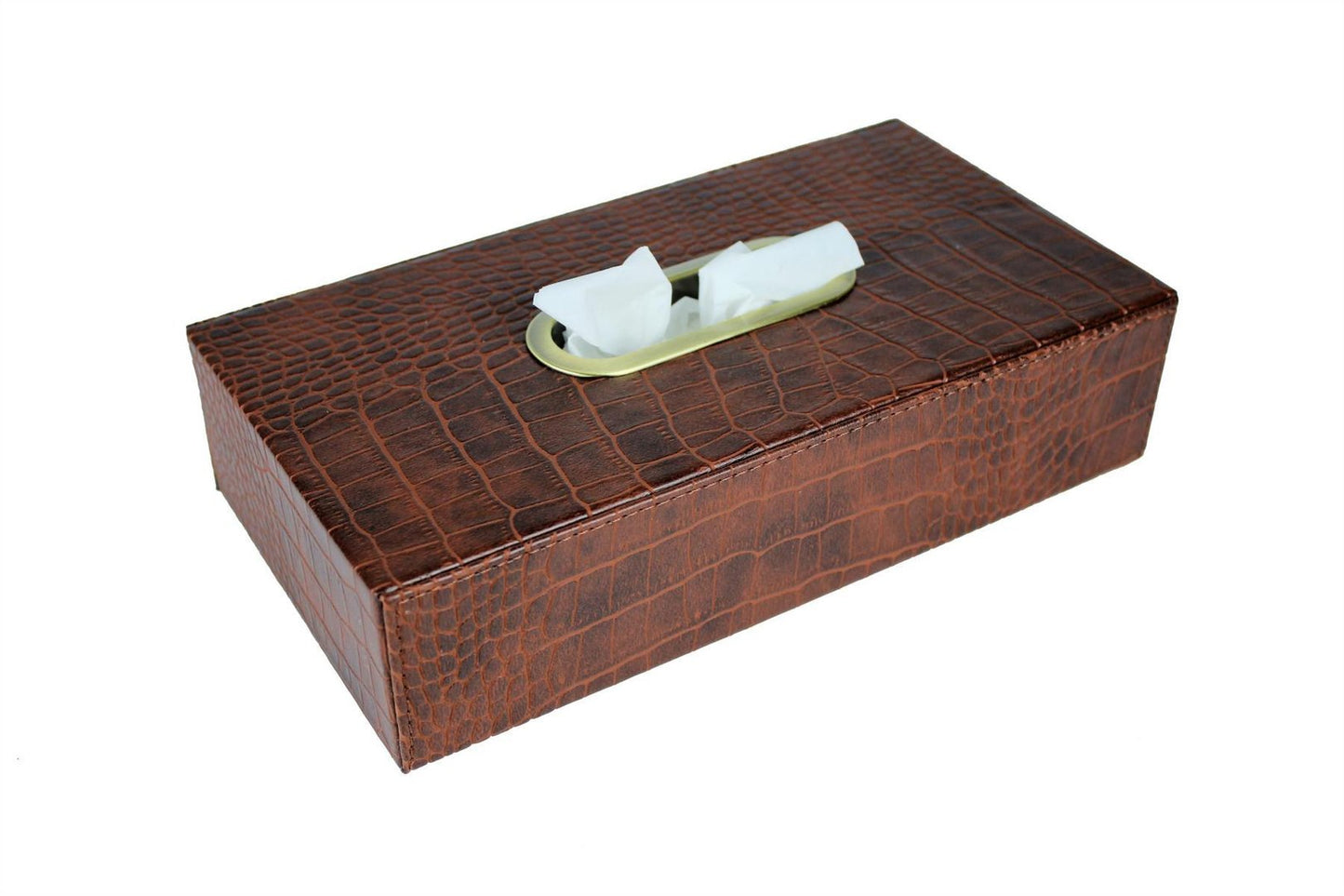 Taschentuchbox Kroko hellbraun mit Messingring
