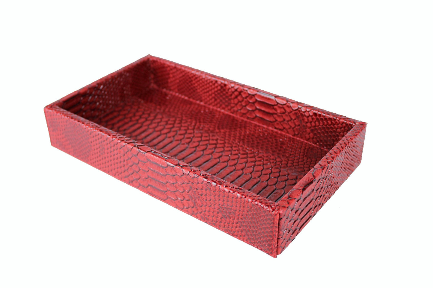 Tablett für Kosmetika im Bad in rotem Reptilleder