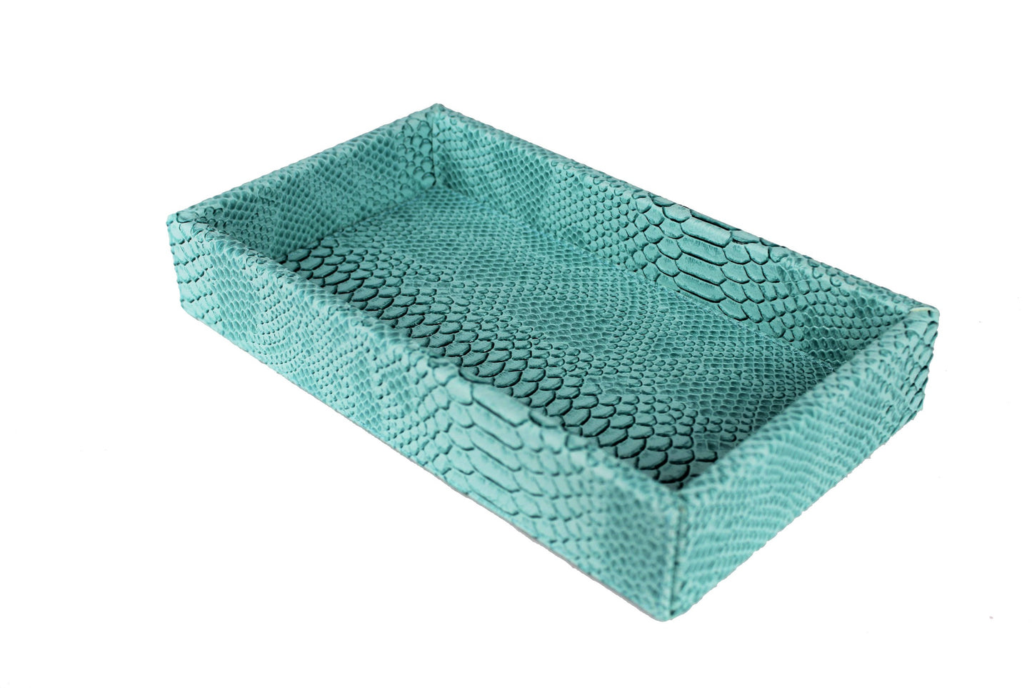 Kleines Tablett in türkisem Leder in Reptilprint