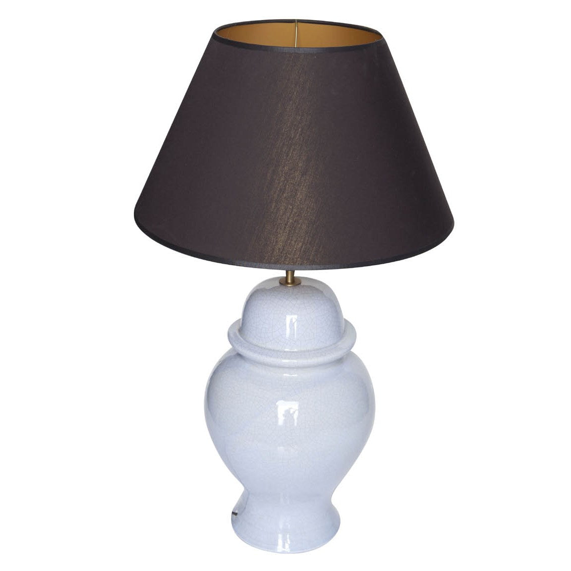 hellblaue Lampe aus Keramik mit schwarzem Schirm