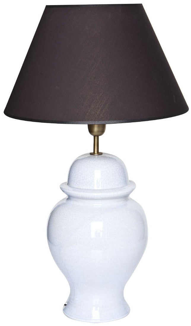 Hellblaue Lampe aus Keramik mit schwarzem Lampenschirm