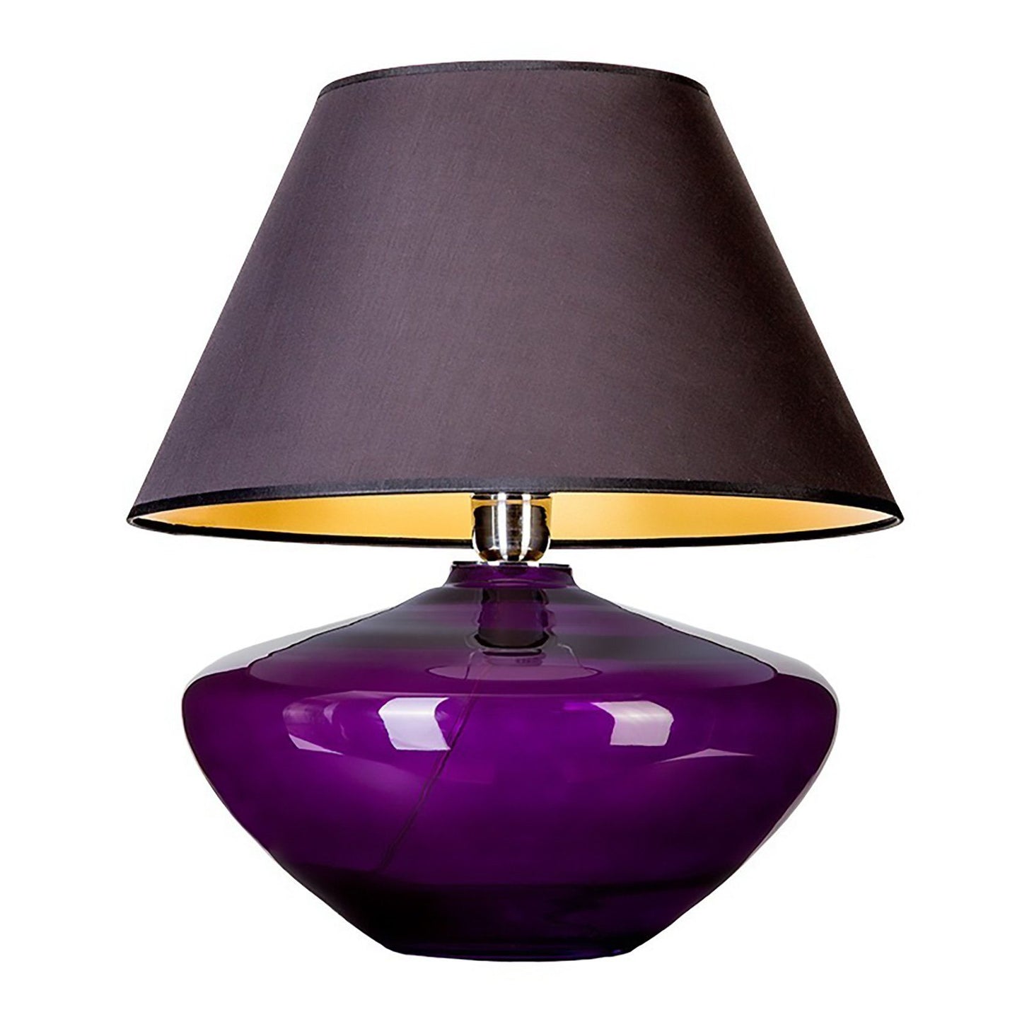 Lila Glaslampe als Tischlampe mit schwarzem Stoffschirm