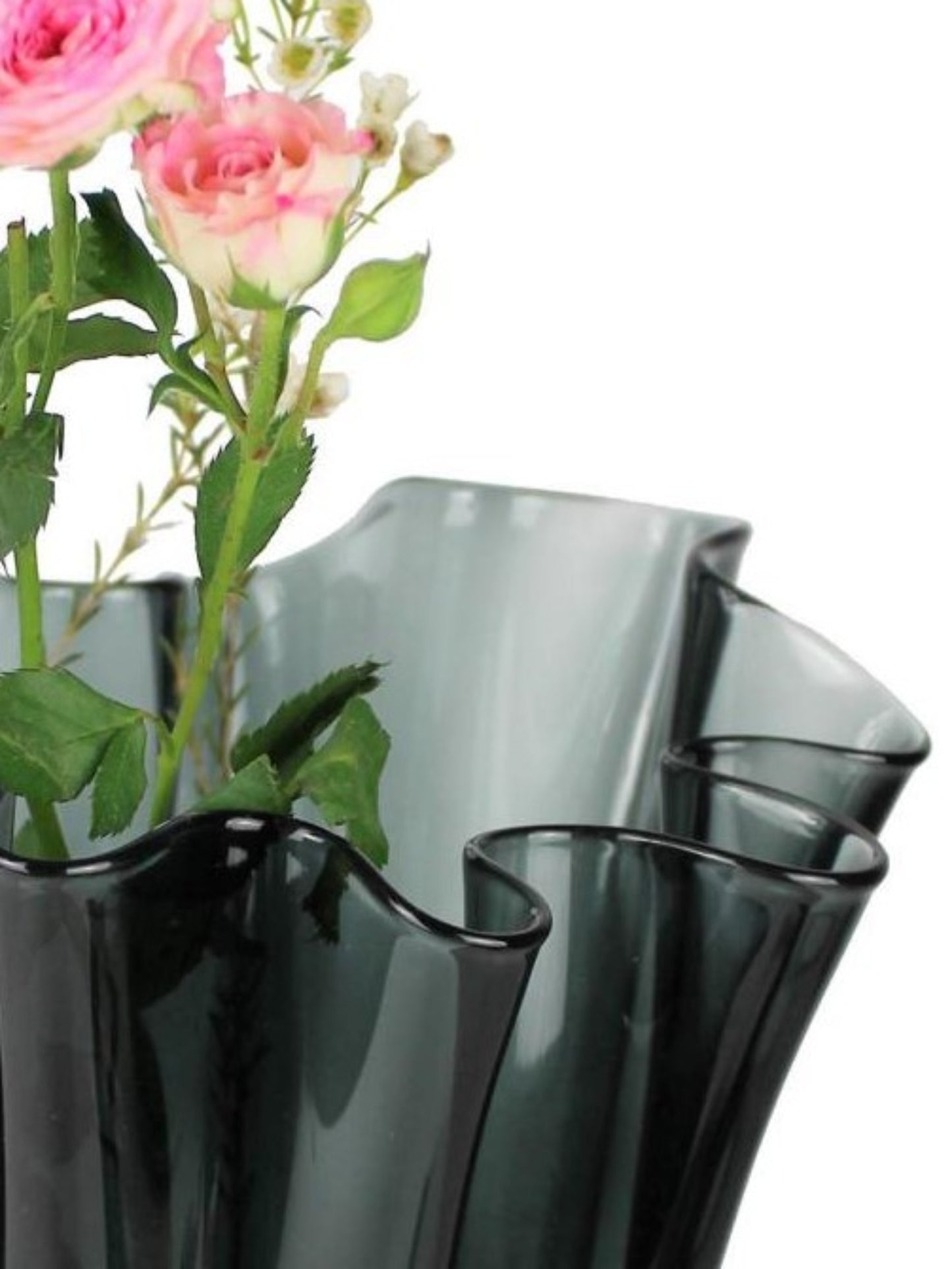 Glasvase grau mit rosa Blumen drin