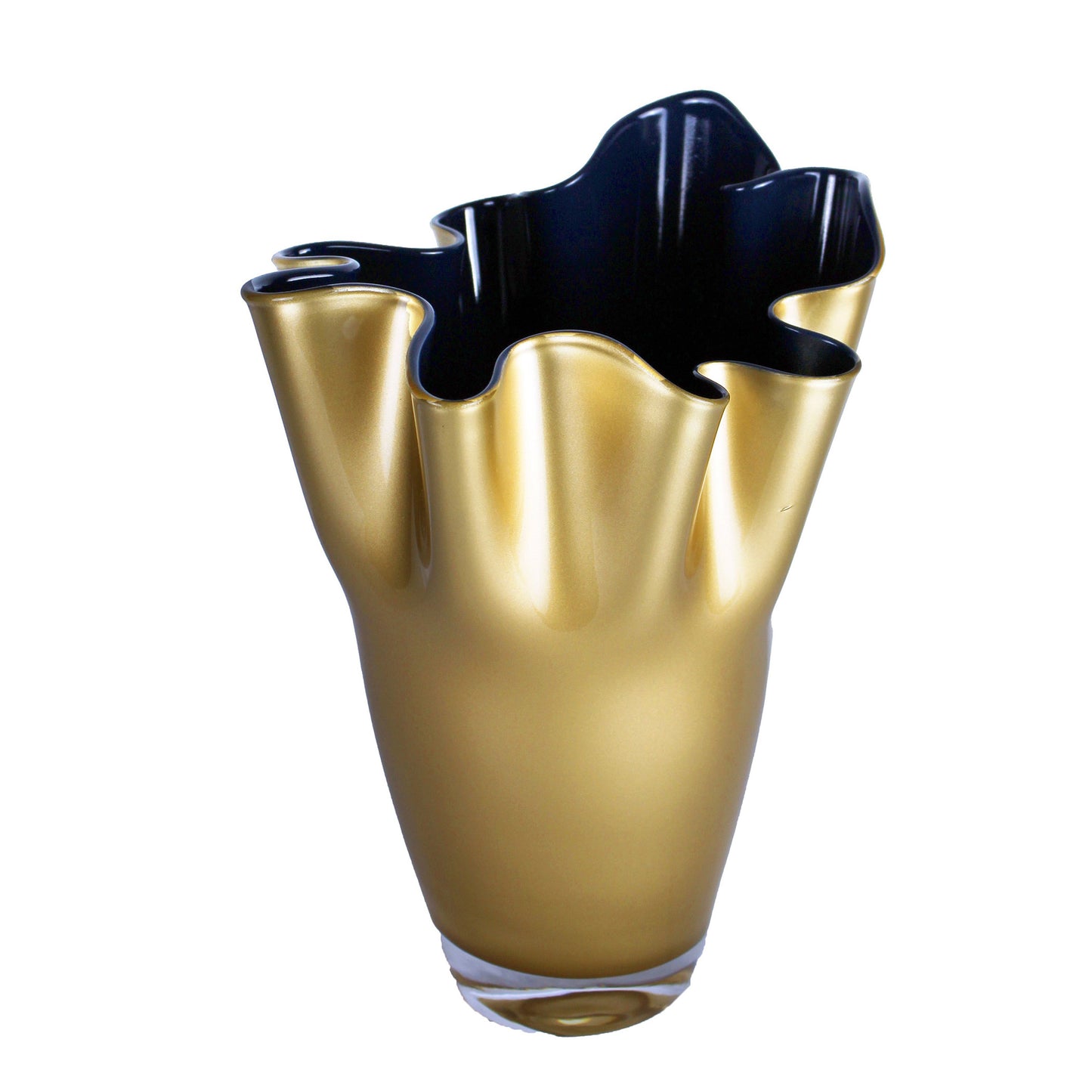 Glasvase zweifarbig in gold blau mit gewelltem Rand