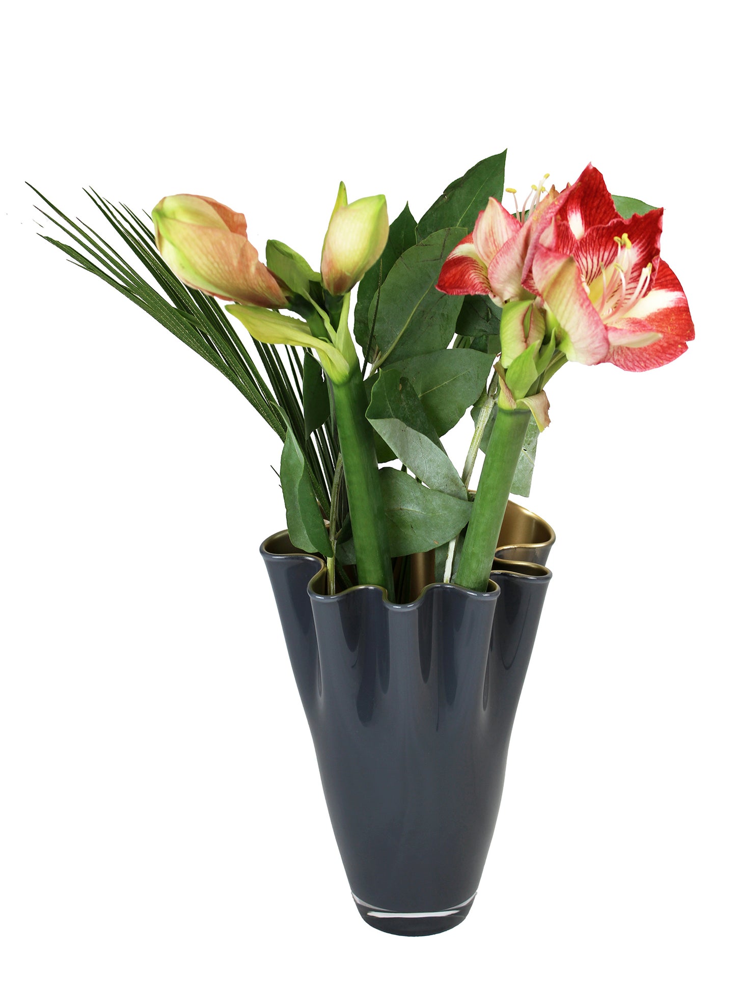Mundgeblasene Vase aus Glas in grau gold mit Blumenstrauß