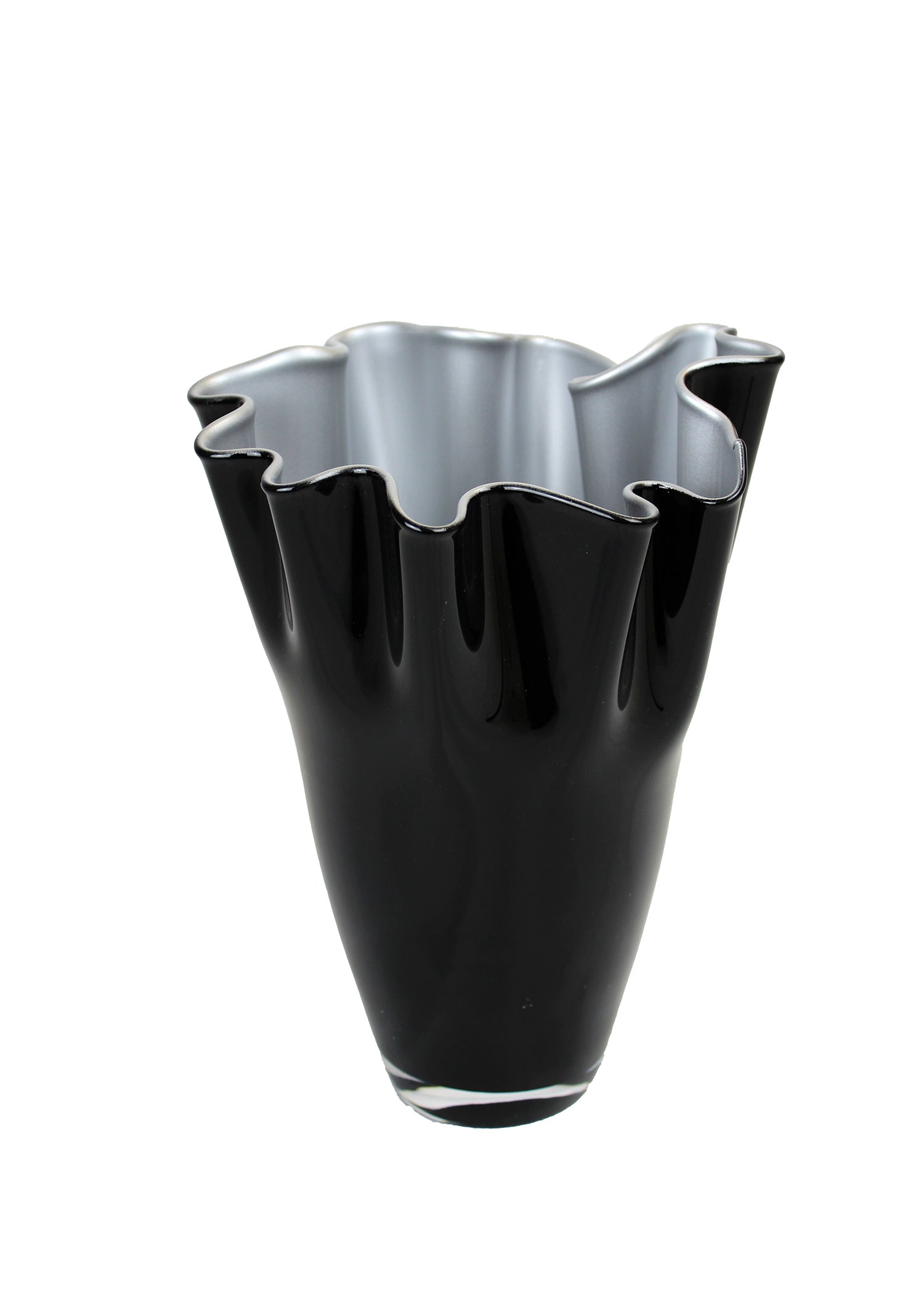 Schwarze Glasvase innen silber mit Welle handgemacht