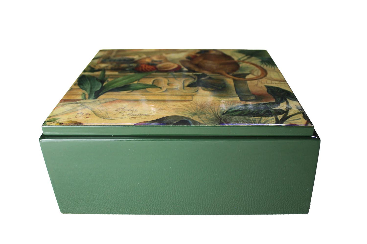 quadratische Box mit Bild auf Deckel