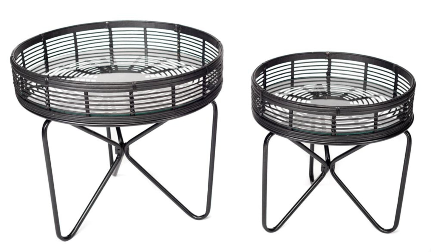 Couchtisch rund mit Metallgestell in schwarz und Geflecht aus Rattan in Farbe schwarz