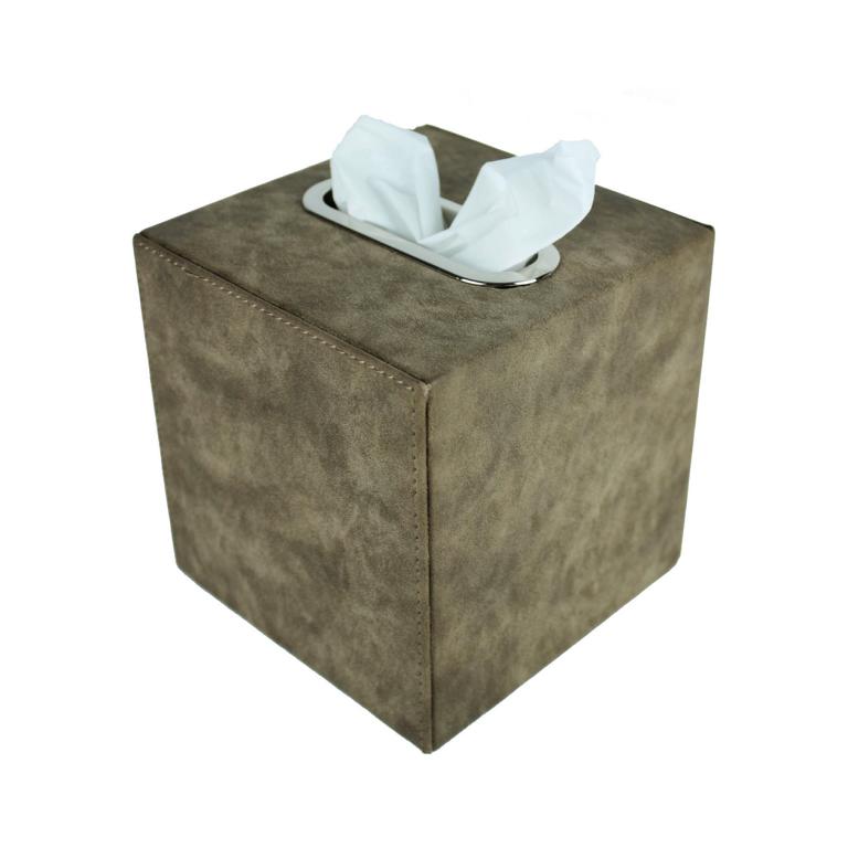 quadratische Taschentücherbox in braun mit Edelstahring oben