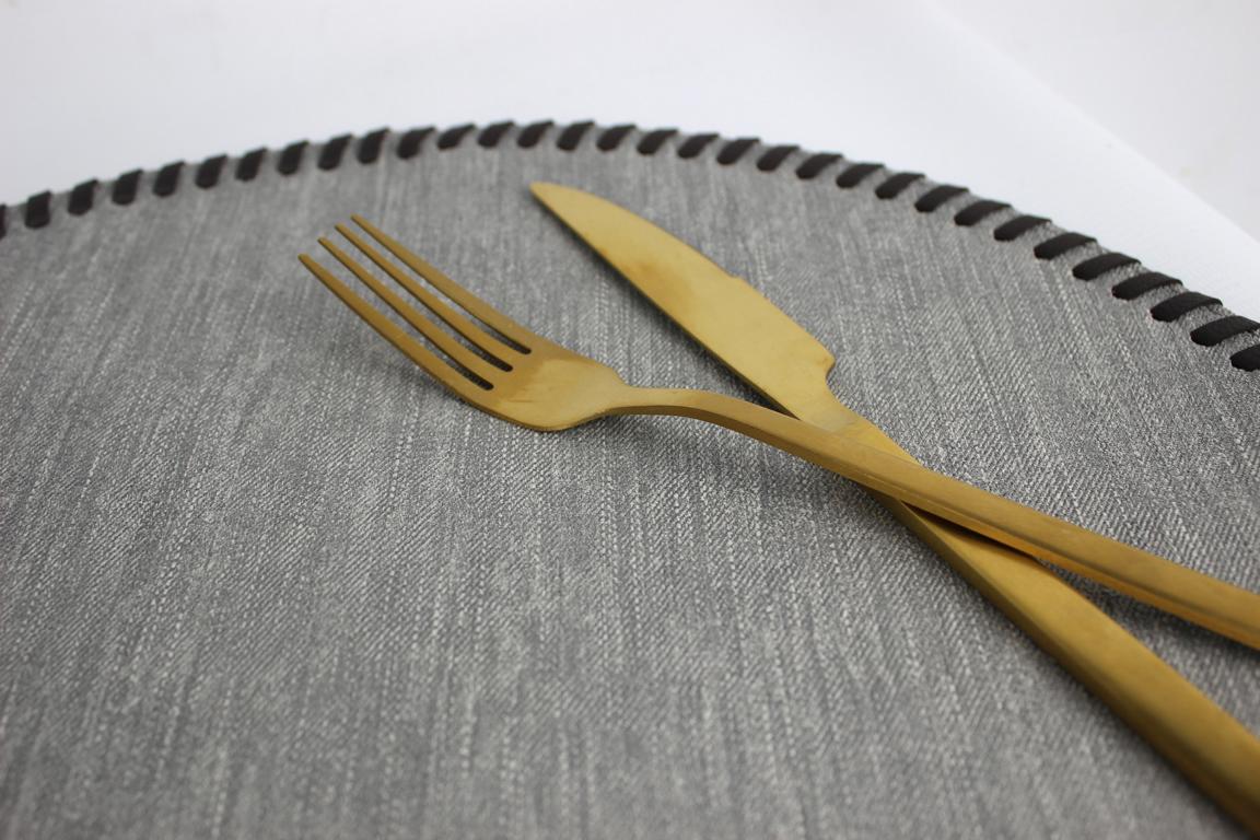 Tischset 4er Set rund Jeans grau mit Umrandung Lederband
