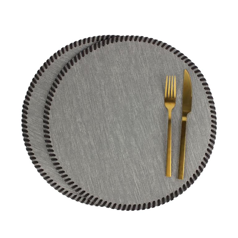 Tischset 4er Set rund Jeans grau mit Umrandung Lederband