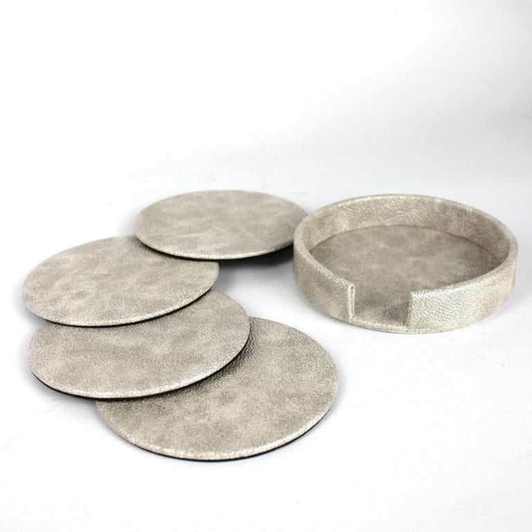 4 Glasuntersetzer mit Box in creme beige gemustertem Leder Kunstleder