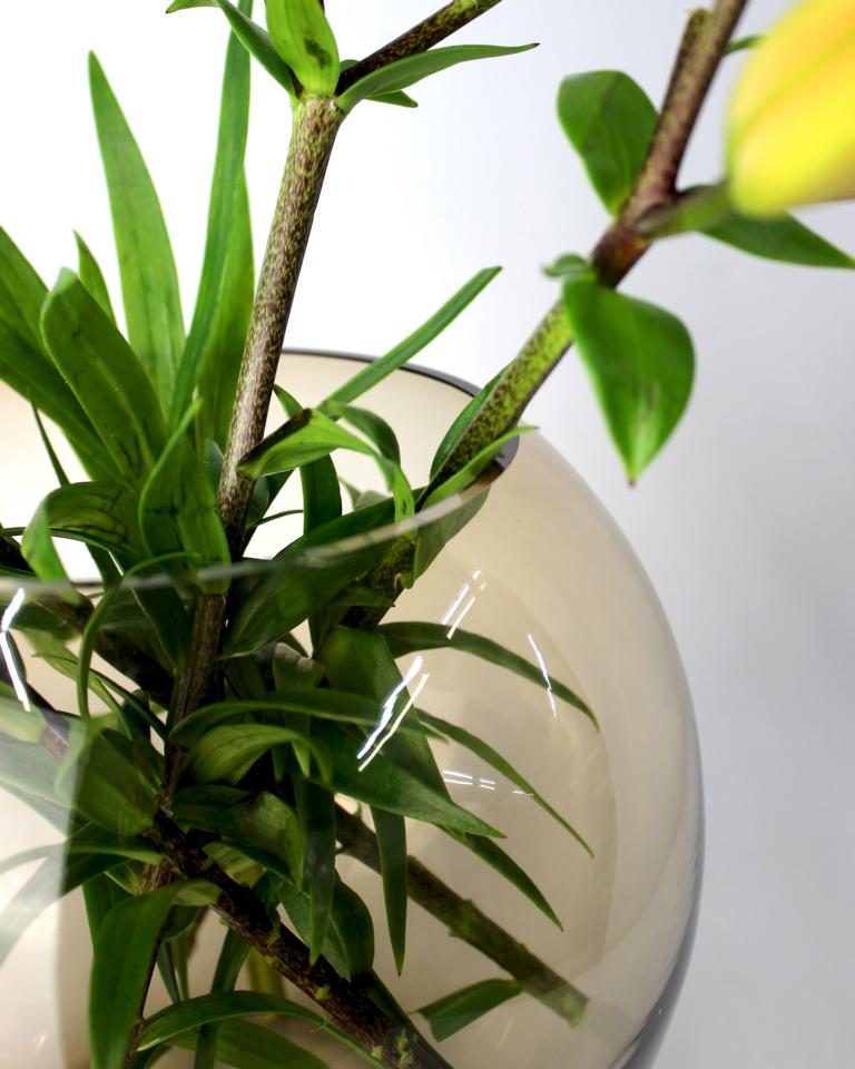 Kugelförmige Vase in Bernstein Farbe mit grünen Blumenstilen