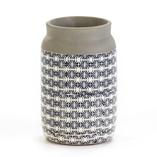 runde Vase aus Steinzeug mit blau weißer Verzierung für Blumen