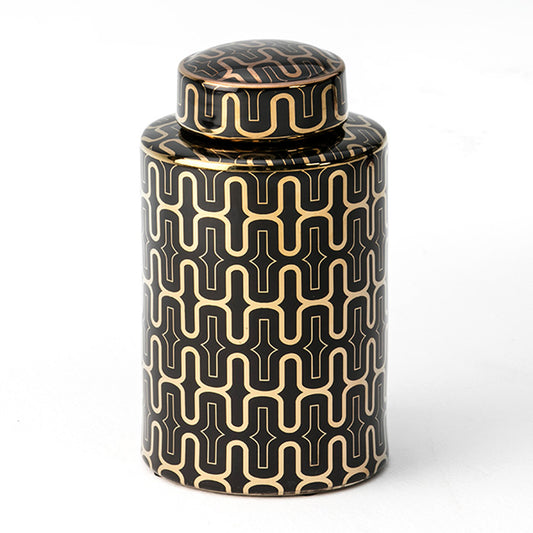 Luxuriöse Deckelvase aus Keramik mit geometrischem Muster in Schwarz und Gold, Höhe 30 cm.