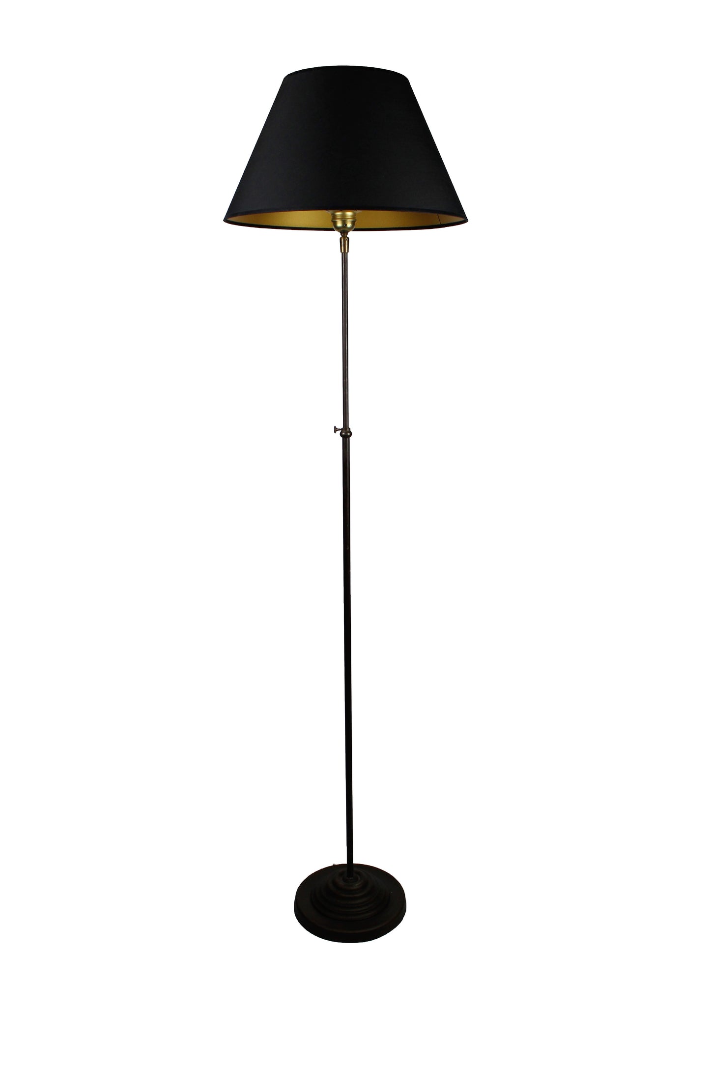 Stehlampe Metall dunkelbraun mit konischem Schirm schwarz innen gold