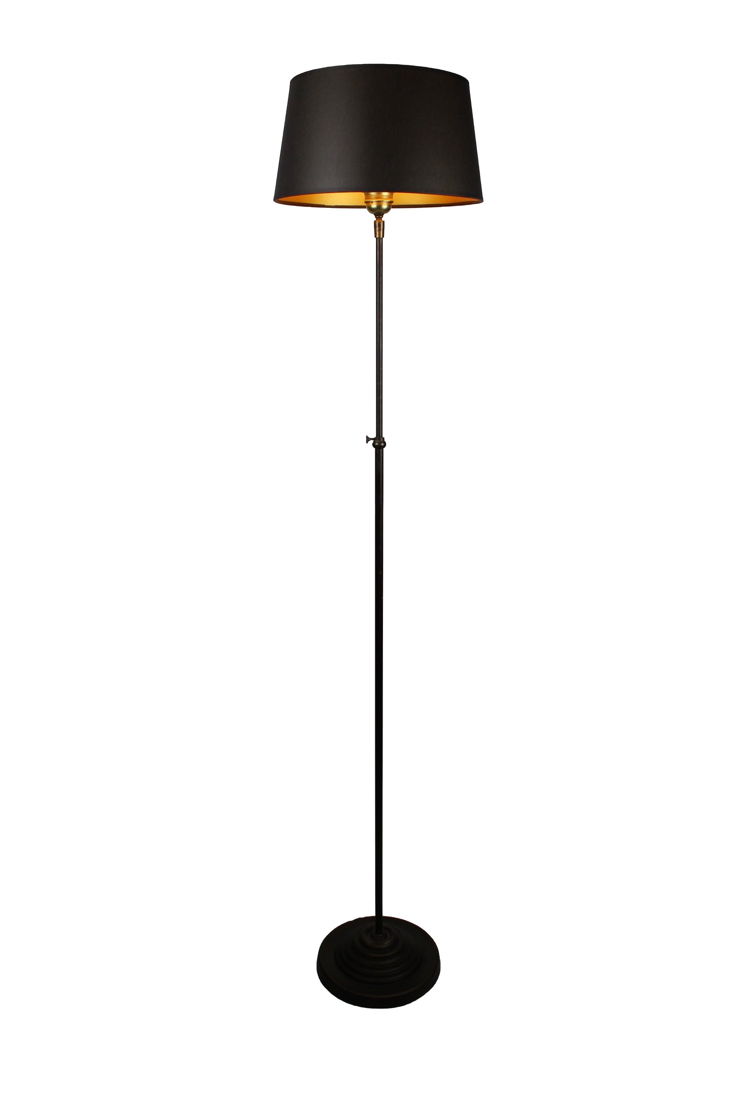 Stehlampe aus Metall braun mit Stoffschirm schwarz gold