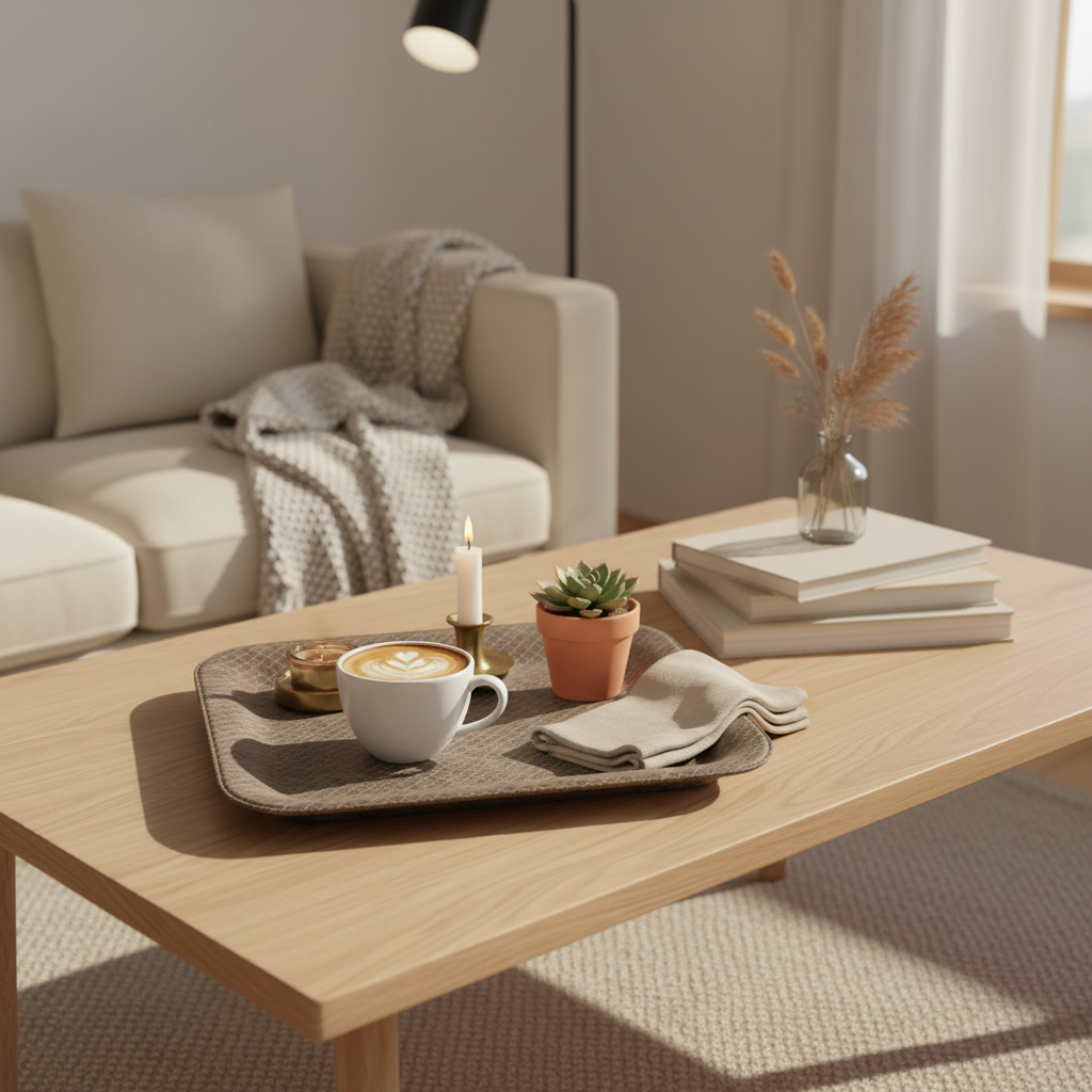 Dekoriertes Couchtisch-Setting mit Tablett