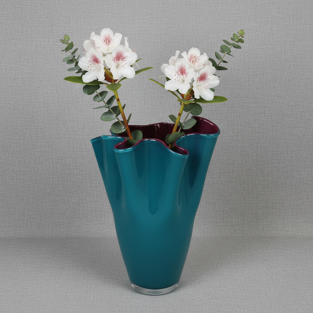 Türkis-violette Vase vor Leinentapete