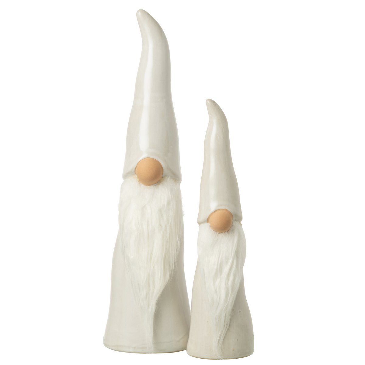 Kleiner und großer Wichtel Figuren aus Porzellan mit Kunstfell In Creme weiß glänzend