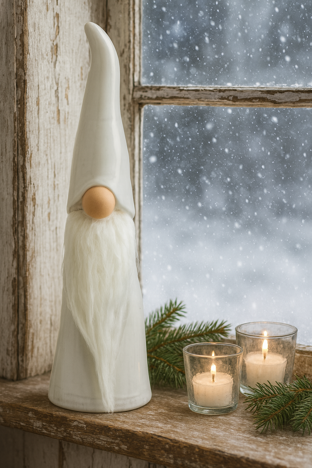 Wichtel Weiß auf Fensterbrett mit Teelichtern weihnachtlich dekoriert aus weißem Porzellan