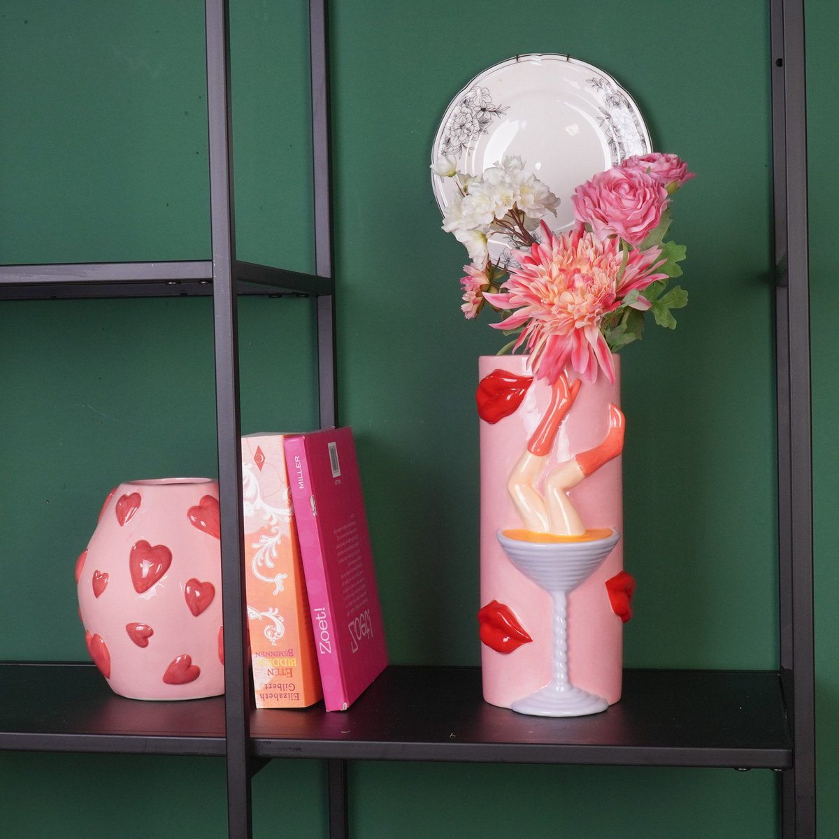 Vase à fleurs, vase à cocktail en céramique, rose/rouge, 28 cm