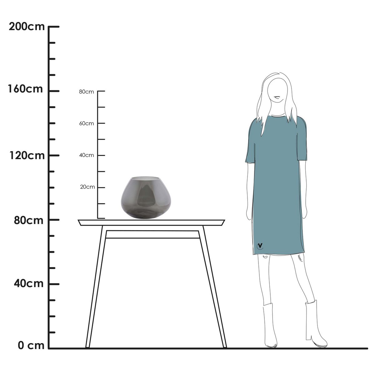 Glass vase, grey, round, mouth-blown, 25 cm