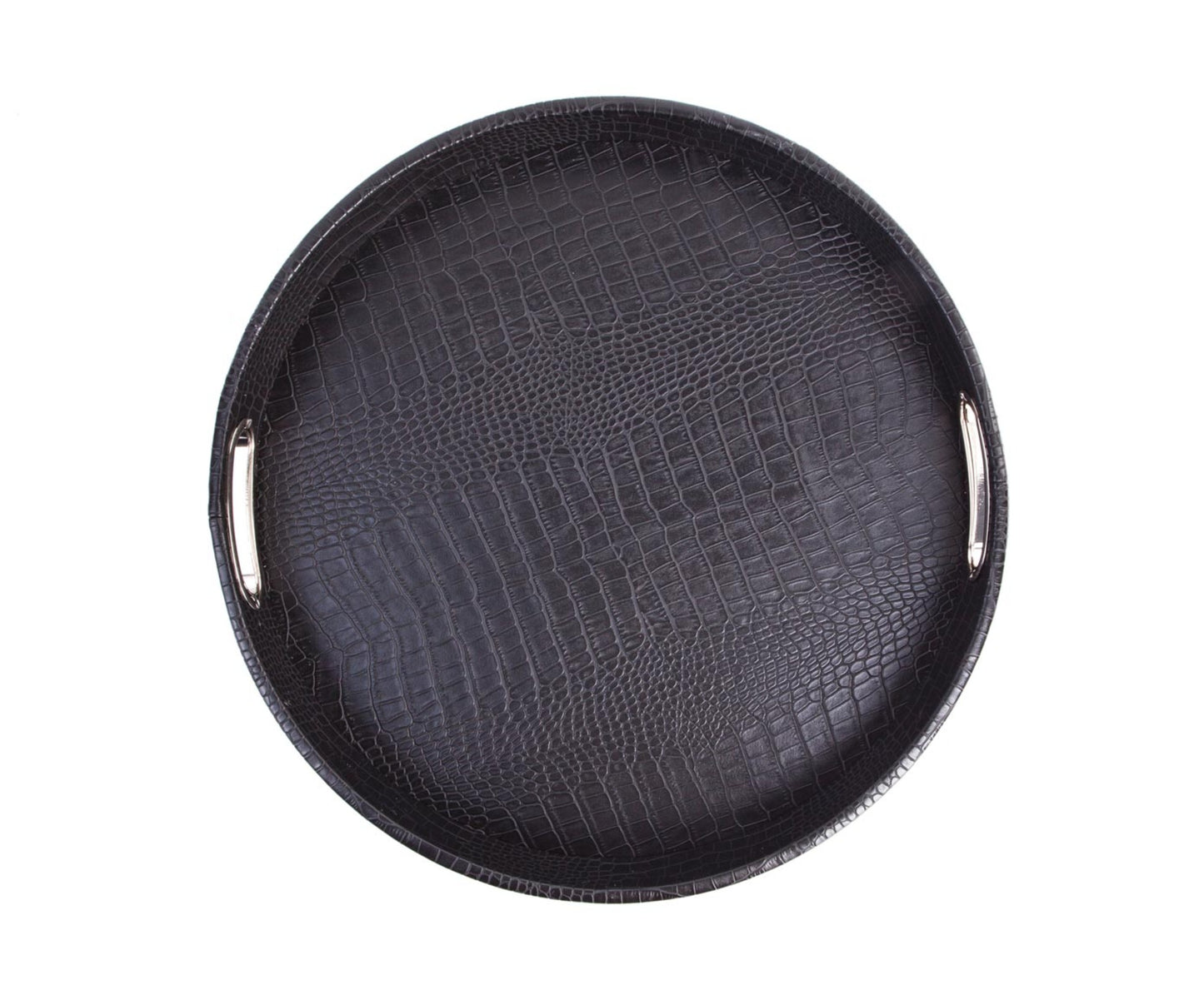 rundes Tablett aus schwarzem Kunstleder mit Edelstahlgriffen 38 cm