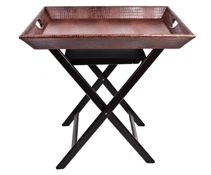 Tabletttisch mit hellbraunem Tablett und dunkelbraunem Holzgestell