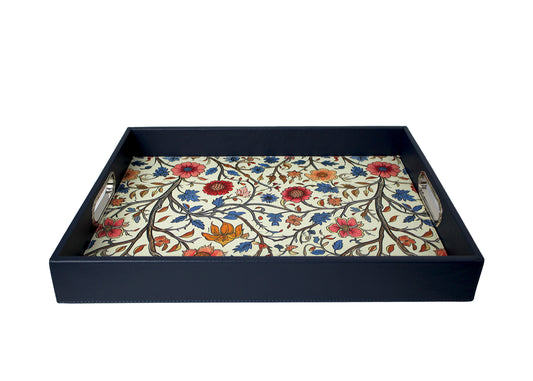Großes Kunstleder-Tablett mit Griffen und Blumenmuster 45 × 33 cm
