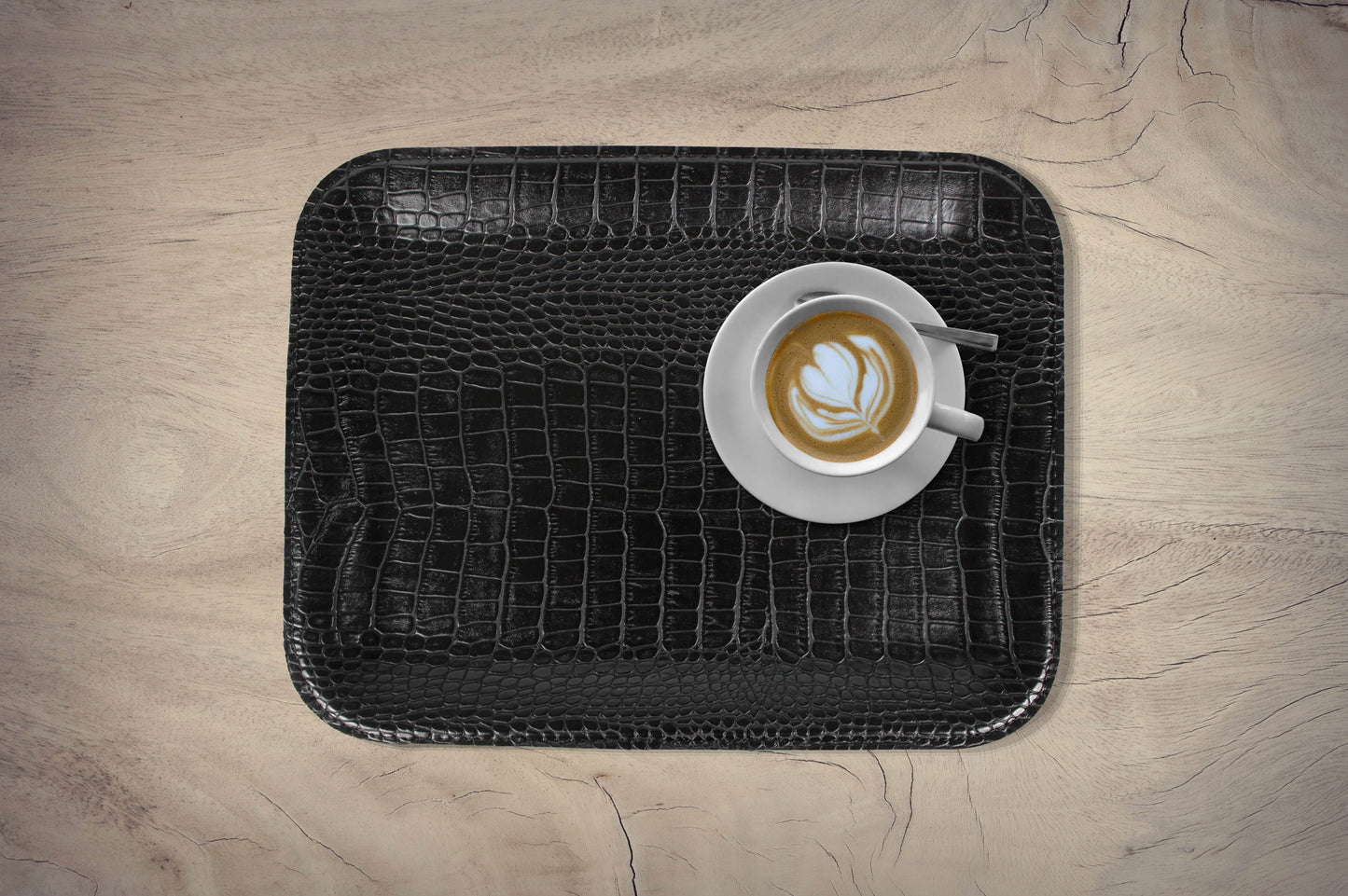 Tablett flach zum Servieren von Kaffee aus Kunstleder in Krokooptik schwarz