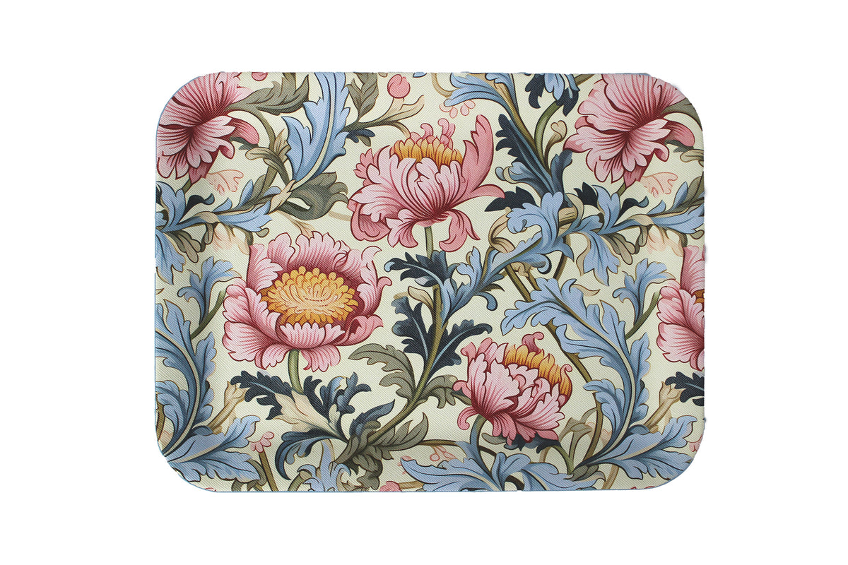 Flaches Tablett mit großen rosa Blüten und blauen Blättern, Muster PR1
