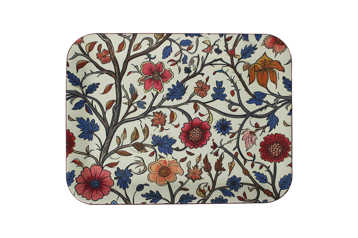 Flaches Tablett mit verzweigtem Blumenmuster in Blau, Rosa und Orange, Muster PR3