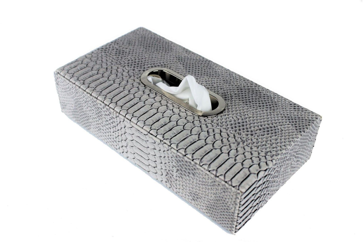 Taschentücherbox mit Edelstahlring grau Reptilprint 