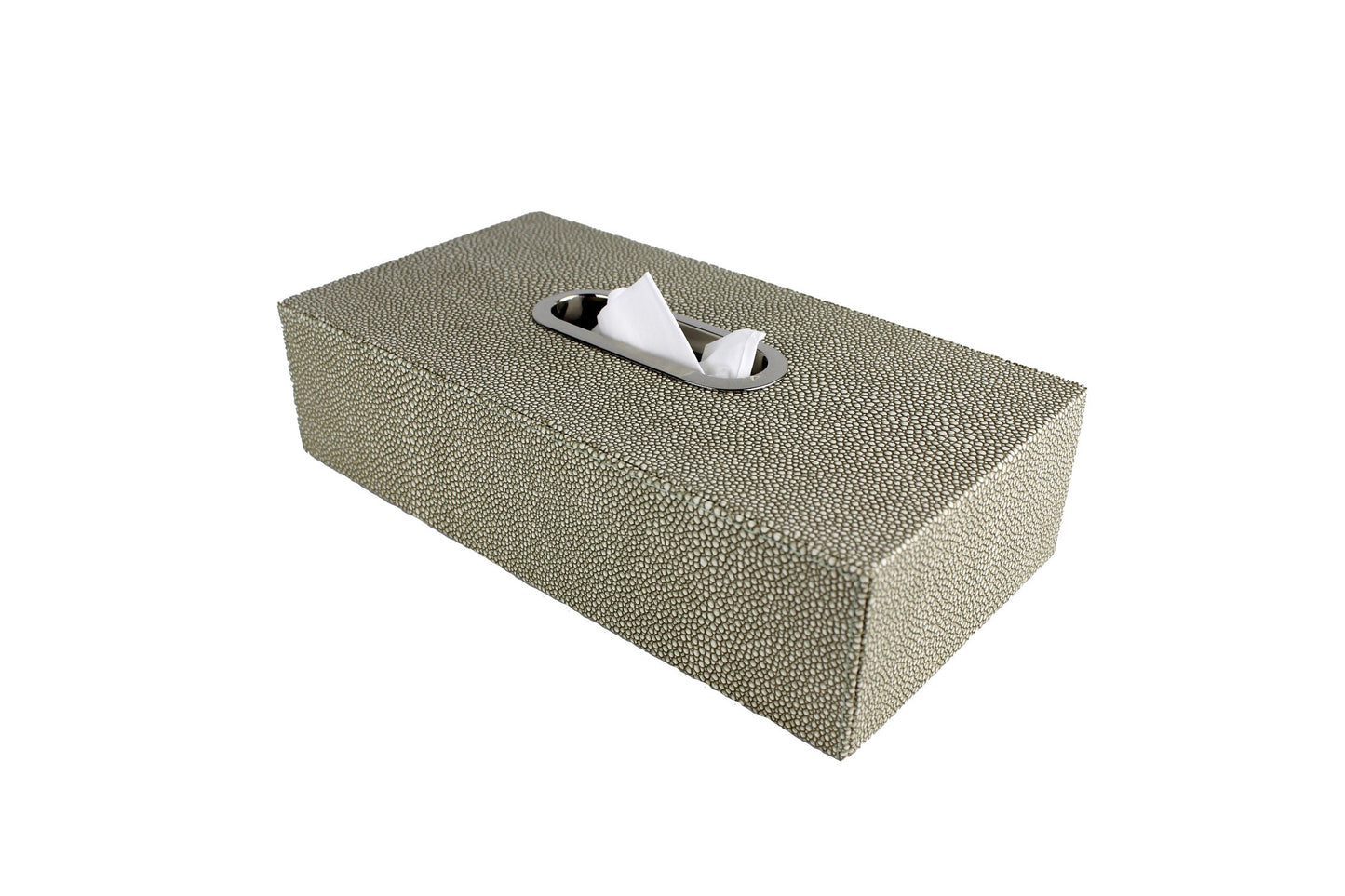 grüne Box für Taschentücher in grünem Kunstleder mit Edelstahlring als Öffnung