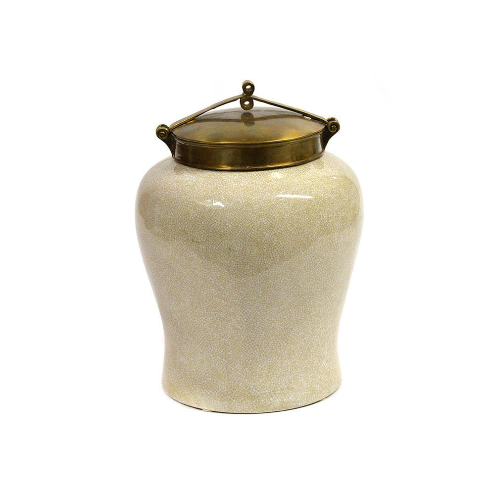 bauchige Vase mit Deckel aus Bronze als Gewürztopf in altweiß creme