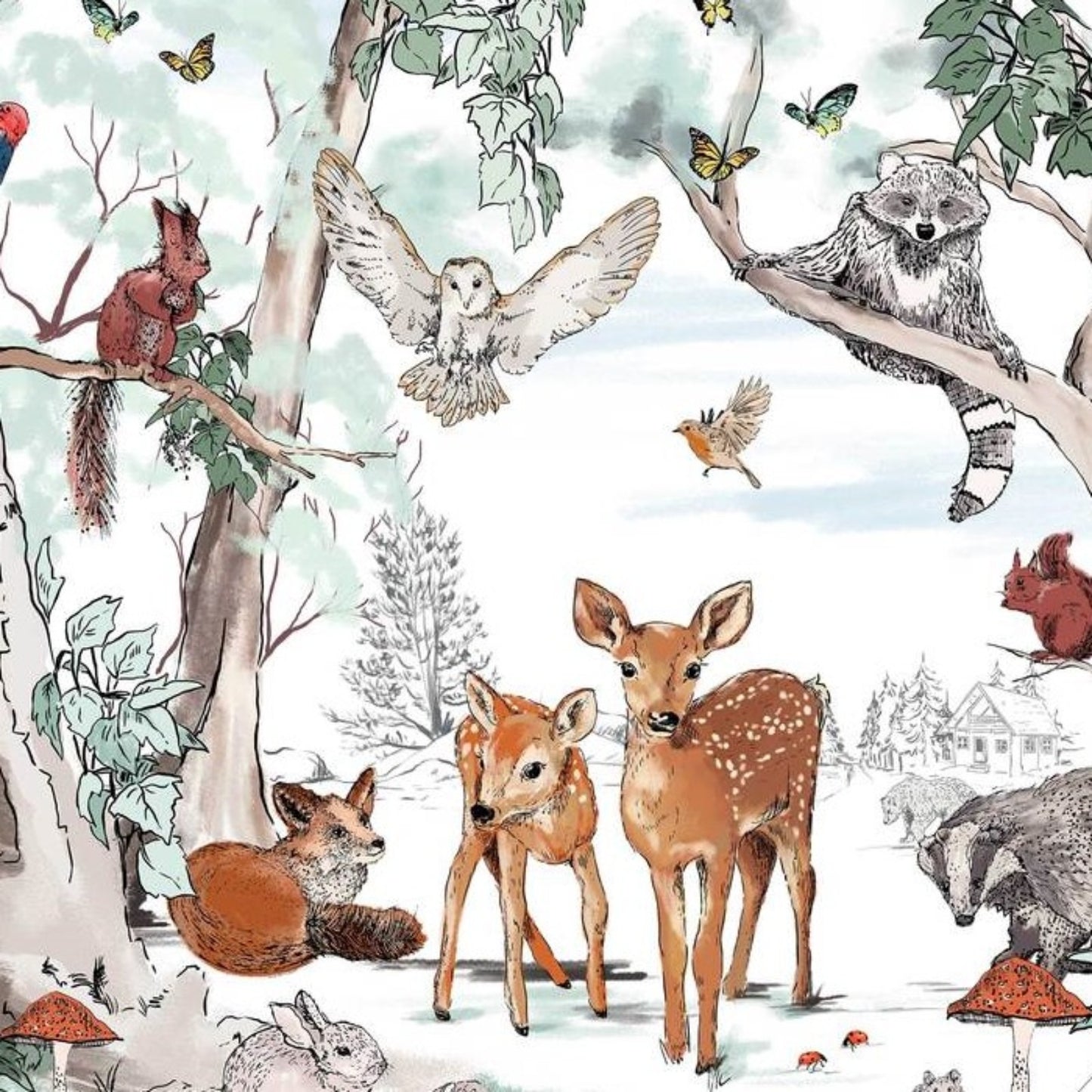gezeichnetes Bild von Rehen , Fuchs, Eule & Eichhörnchen als Wanddekoration
