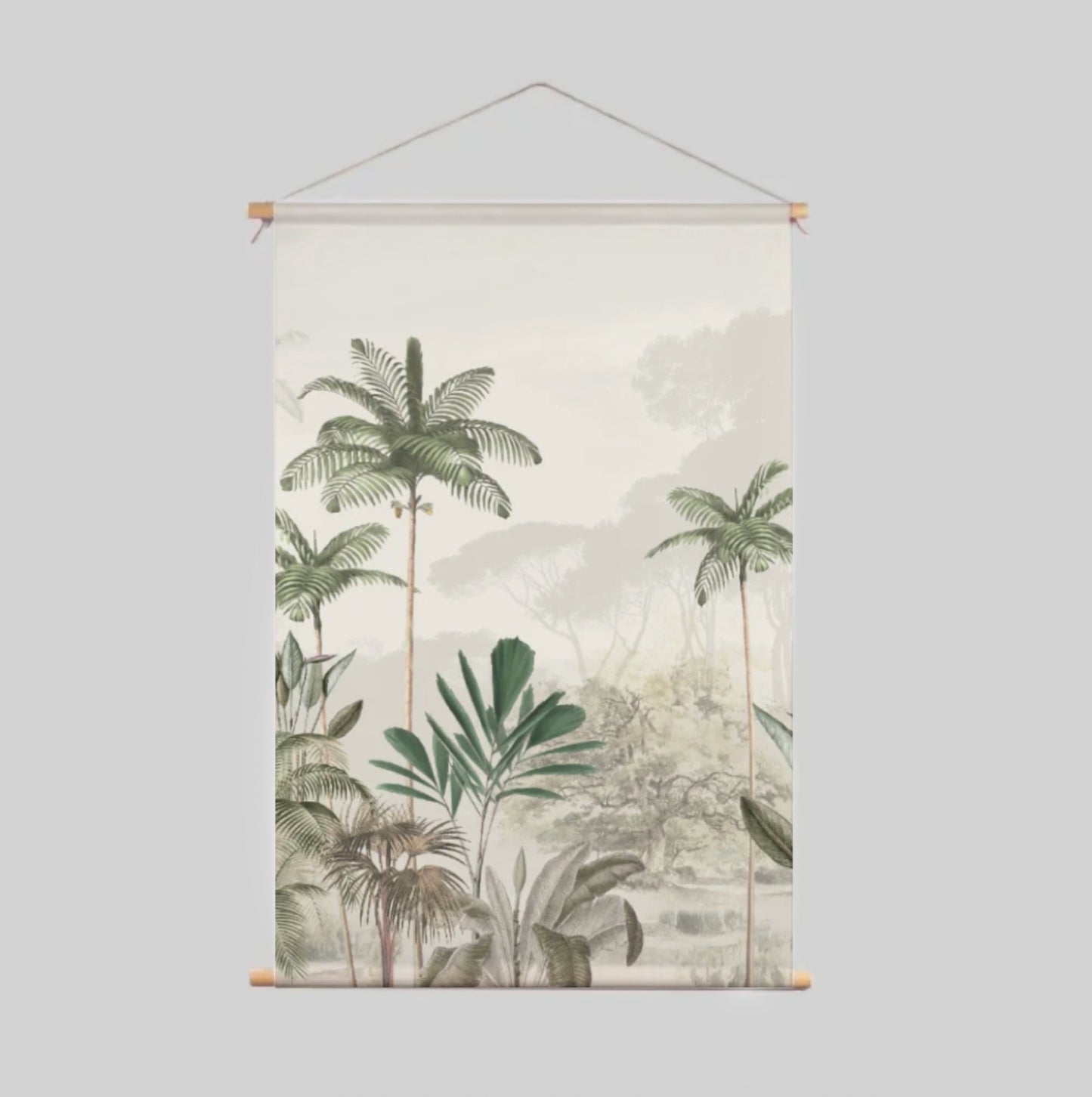 Wandbehang mit Palmen und Urwald auf Baumwolle bedruckt mit Holzstäben